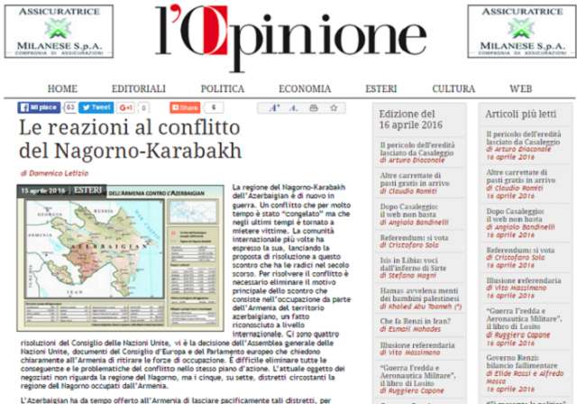 L`Opinione publishes article on Nagorno-Karabakh conflict